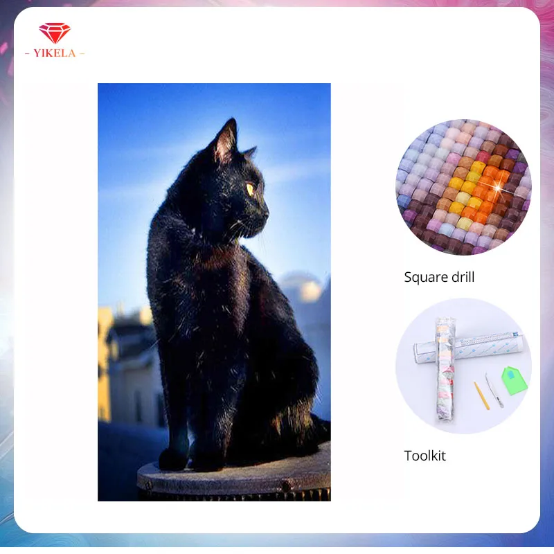 YIKELA 5D Full Square Animal Diamond Painting Accessories Cross Stitch Rhinestones Black Cat Mosaic Decoration | Дом и сад