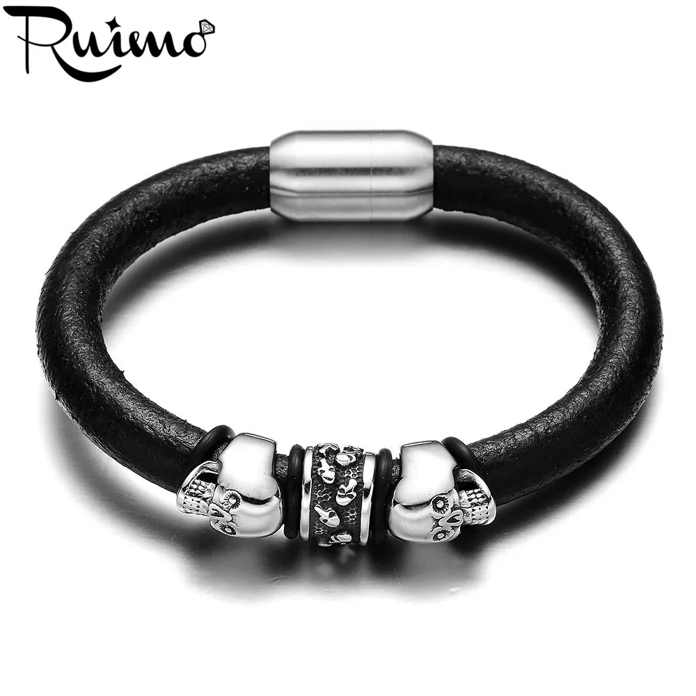 Мужской браслет из натуральной кожи RUIMO черный нержавеющей стали с черепом