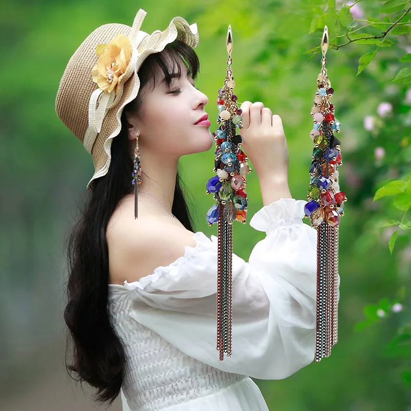 

Fashion Crystal Beads Grape Chain Drop Tassel Earrings For Women Handmade Bohemian Long Earrings 2020 Jewelry Gifts