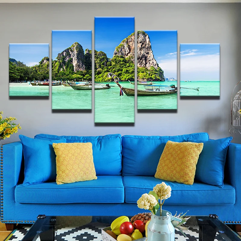 5 Панель судно в горы вид на море Холст Картина модульные стеновые Картины Wall Art Home