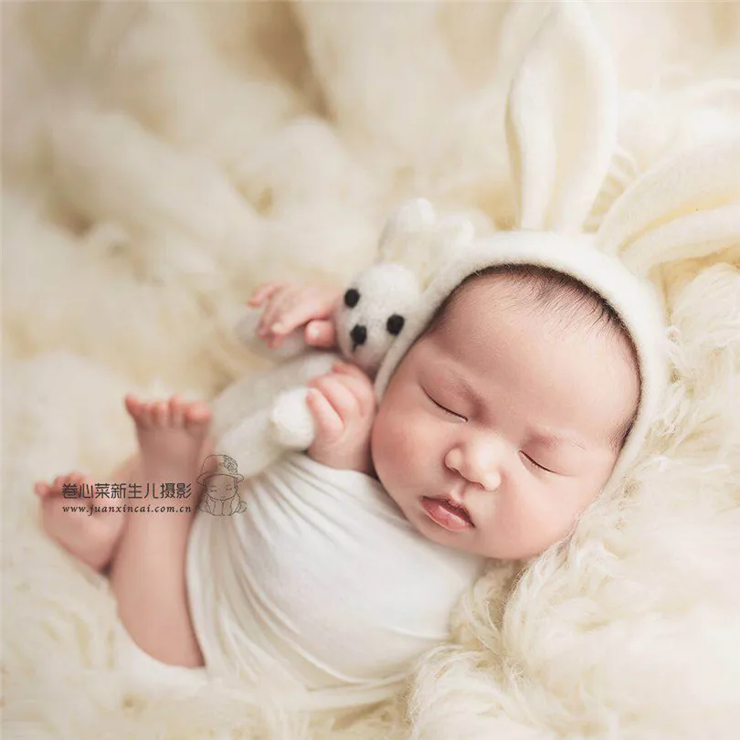 Teddy Bunny Toy Bonnet Set Photography Props Fuzzy Newborn Stuffed Animal Doll Wool Felted Photo | Детская одежда и обувь