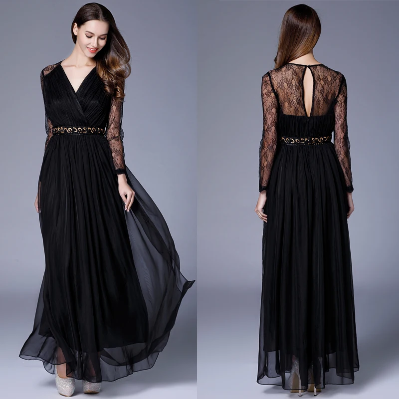 

B0011 New V-neck Long sleeves Belt Black Lace&Chiffon Backless Prom Party Ball Formal Maxi Women Long Dresses Gown A-Line