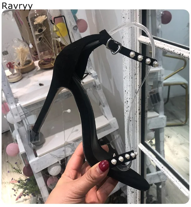 

2019 Woman sandals black high heels white pearl decor cover heel peep toe Sexy Pumps thin heel female party dress single shoe