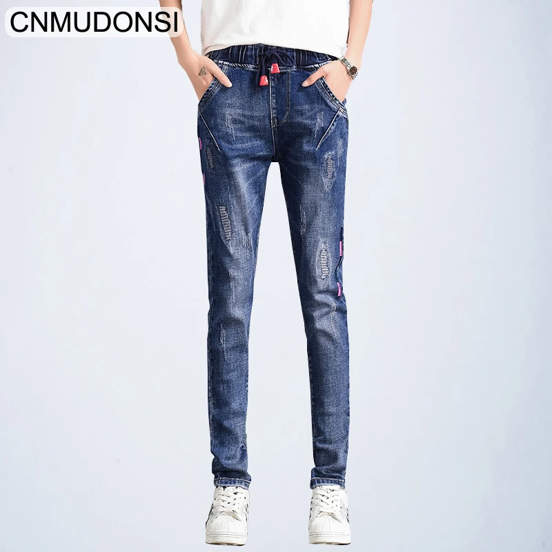 CNMUDONSI2019 New Women's Clothing Jeans Loose Wasit Plus Size Girls Korean Thin Casual Pants Students Leisure 26~32 | Женская