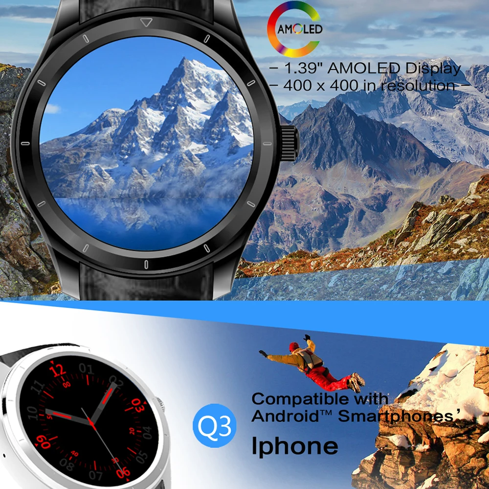 Q3 1,39 дюймов Amoled экран Смарт-часы Android 3g gps wifi Bluetooth монитор сердечного ритма умные часы мужские с кожаным ремешком