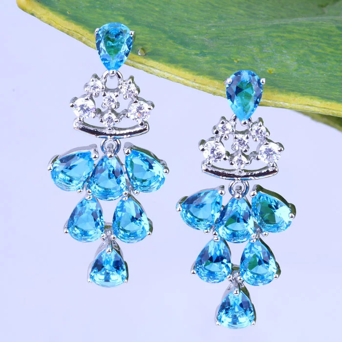 

Love Monologue Paved Blue Sky Crystal & White Cubic Zirconia Silver Color Drop Earrings for Women J0465 Fast Shipping
