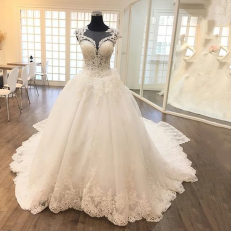 Katristsis d 2019 Ball Gown Wedding Dresses Lace Appliques Gowns Vestido De Novias O-Neck Princess Luxury Cathedral Train | Свадьбы и
