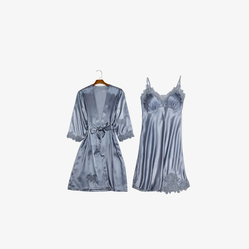 Gray 2 pcs Кигуруми Единорог 5 шт сексуальные кружевные пижамы набор женский искусственный шелк полосатый халат набор леди v-образным вырезом домашняя одежда пижамы с нагрудными накладками - Цвет: Gray 2 pcs
