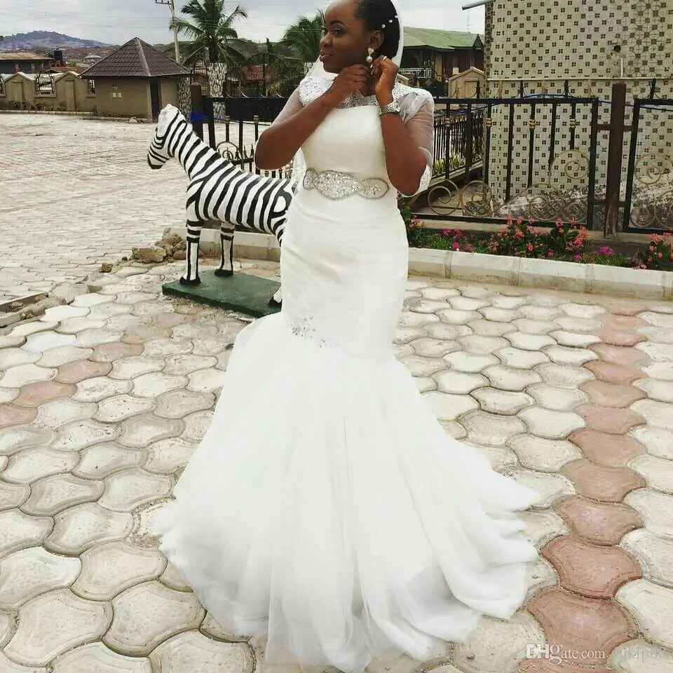 Африканские Cap Рукавом Sash Русалка Свадебные Платья Из Органзы Кружева Аппликация