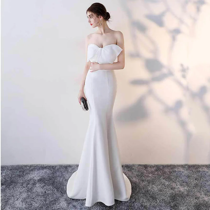 Королевский белый бант без бретелек Bodycon рукавов Талия Тонкий Русалка Длинное