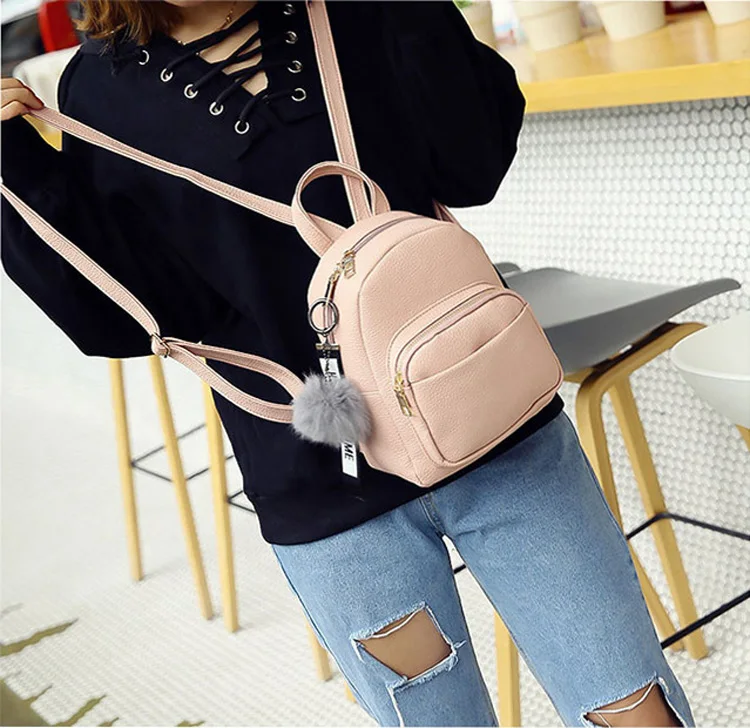 Wobag Мини женские рюкзаки из искусственной кожи студенческий пушистый шар кулон плеча школьные сумки женский маленький дорожный Рюкзак Черный