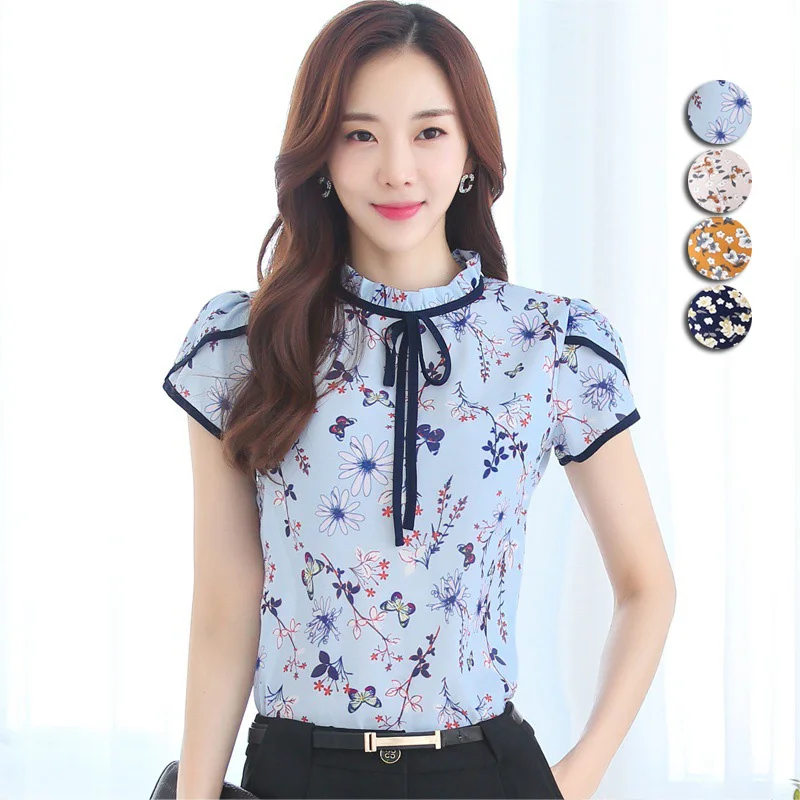 Женская шифоновая блузка с коротким рукавом воротником стойкой и бантом|printed