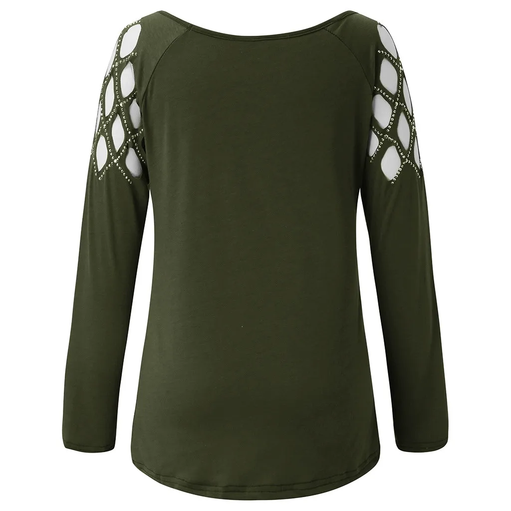 Feitong Blouse Women Blusas Fashion Plus Size Autumn Crew Neck Hollow-Out Studded Long Sleeve Shirts Casual Tops блузка женская
