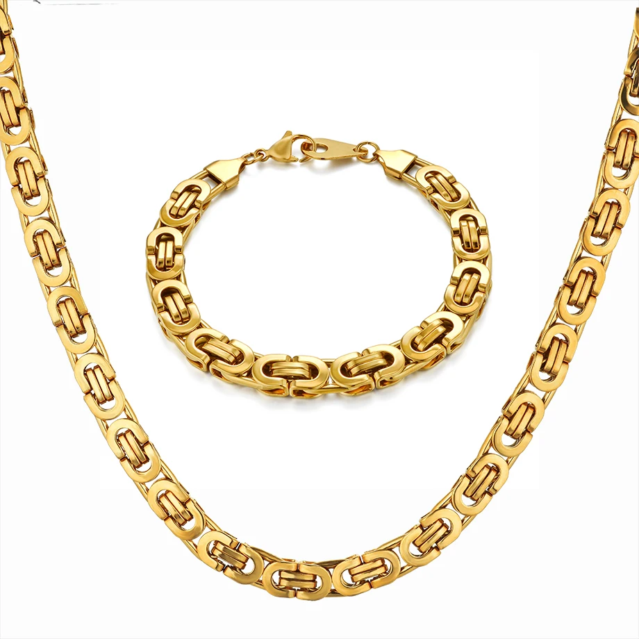 

Hip Hop Byzantine Box Chain Set Gold Color Solid Stainless Steel Jewelry Sets For Men chane Women Hot RU Necklace & Bracelet