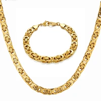 hip hop byzantine box chain set gold color solid stainless steel jewelry sets for men chane women hot ru necklace bracelet