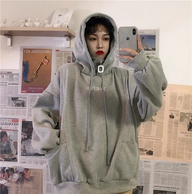 Толстовки с капюшоном толстые плюс бархатные карманы Harajuku Пуловеры женские топы с длинными рукавами Ulzzang студенческие большие толстовки трендовые