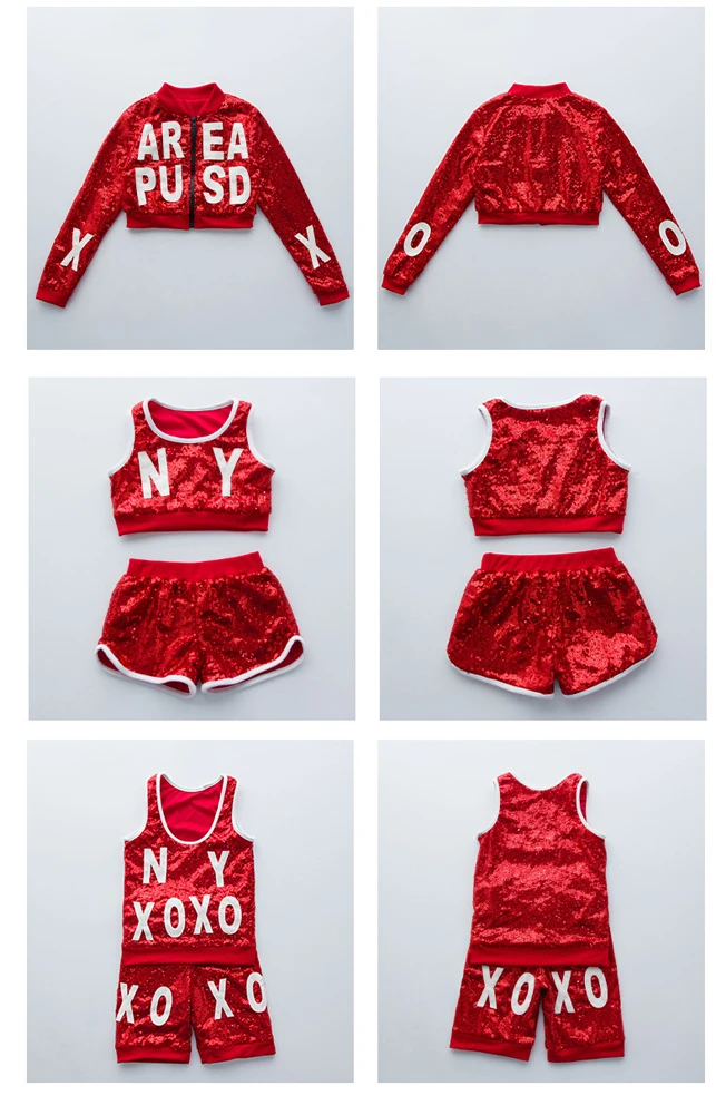 Детский костюм черлидера в стиле хип-хоп с красными блестками для девочек