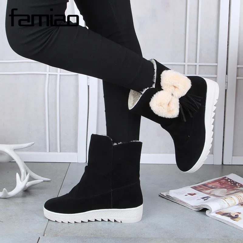 FAMIAO 2017 Snowshoes Women's snow Boots with Wool Fur Soft Ankle Women Genuine Leather Winter bowknot boots | Обувь