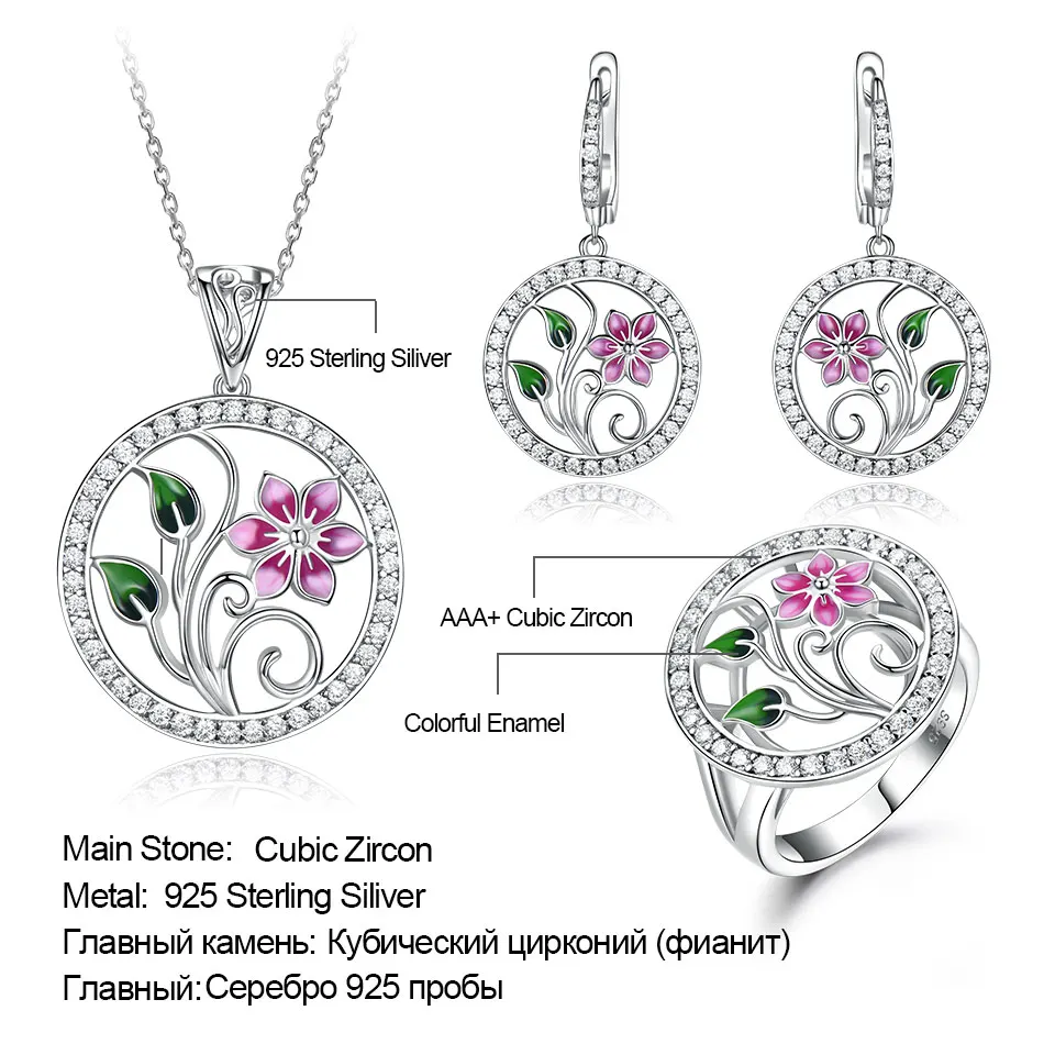 

UMCHO Fine Jewelry Set Handmade Enamel Flower CZ Stone for Women 925 Sterling Silver Ring Earrings Pendant Necklace Gemstone Set