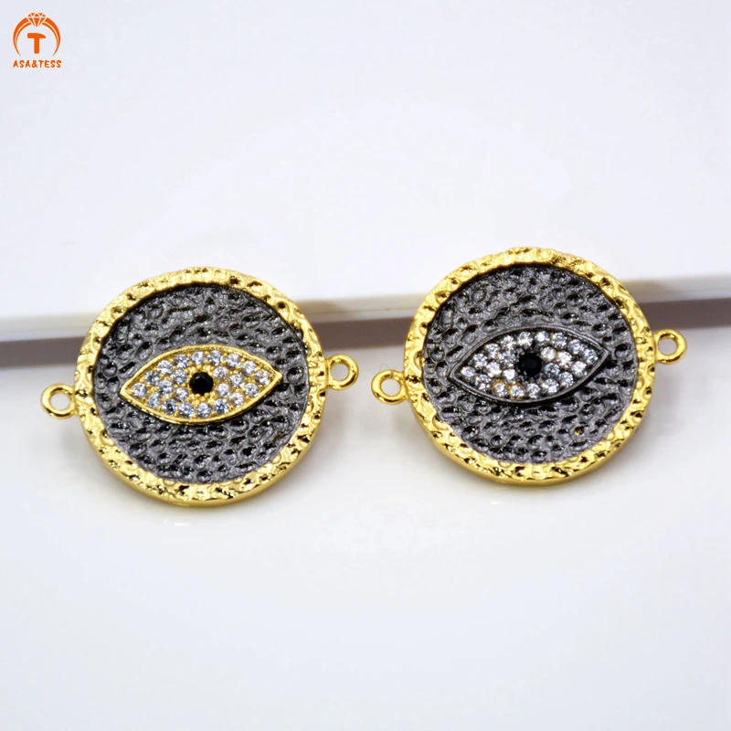 

Round Cubic zircon Evil Eye Connector pendant evil eye Pendant handmade coin shape jewelry Polished black charm