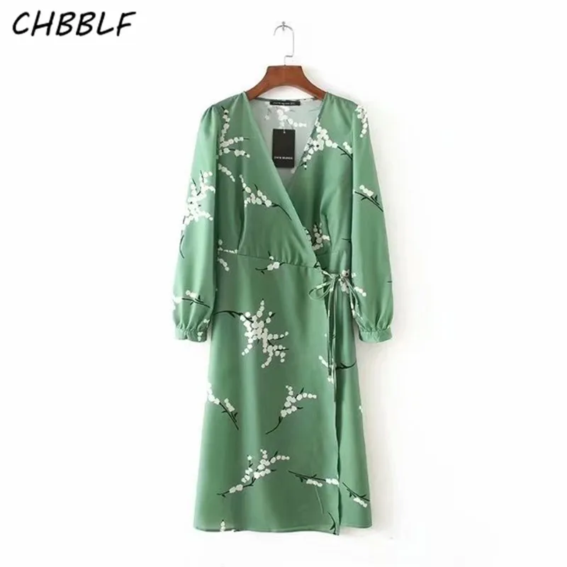 CHBBLF женские шикарные платья с принтом длинным рукавом и крестиком V шейный