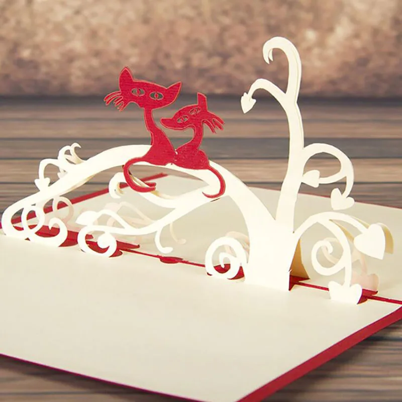 Лазерная резка ручной работы 3D милый кот бумага приглашения Поздравительные