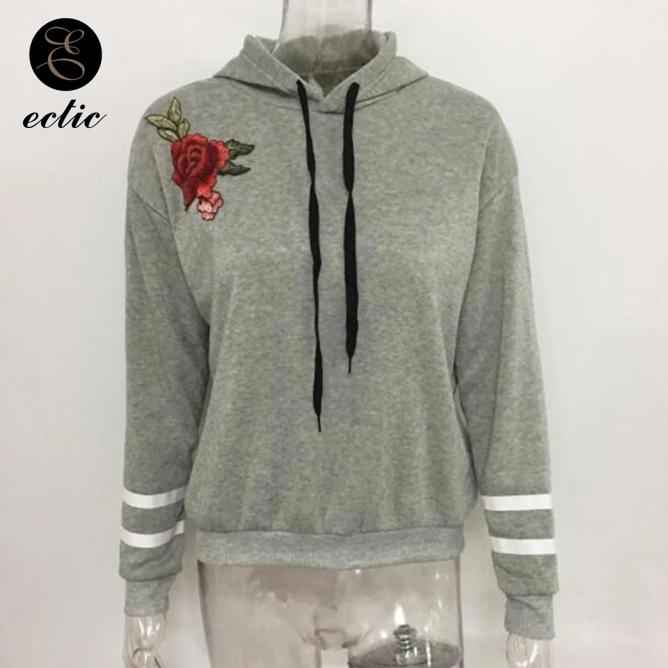 

Embroidered Rose Applique Women Hoodies Poleron Mujer 2021 Elegant Sweatshirt Long Sleeve Black White Stripes Hoodie Drawstring