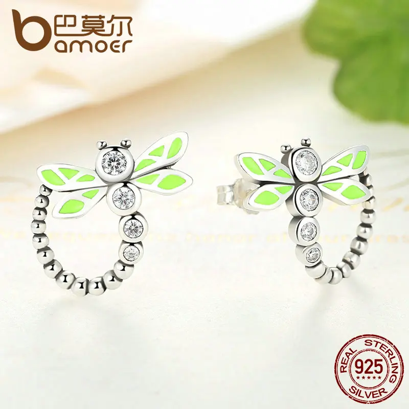 BAMOER, настоящее 925 пробы, серебряные, яркие, зеленые, стрекозы, животные, Висячие серьги для женщин, модные, юбилейные ювелирные изделия SCE018