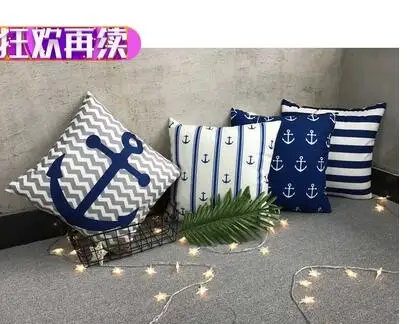 

Mediterranean navy blue white pillowcase sofa cushion cover anchor printed throw pillow cover