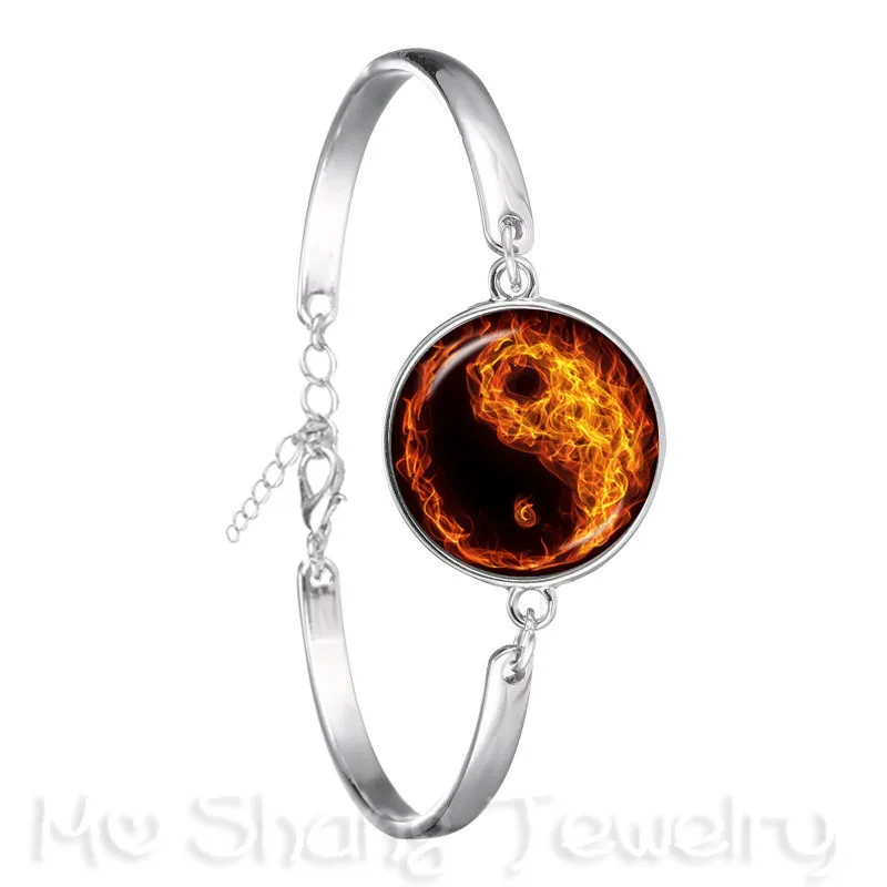 

Fire And Water Symbol Jewelry Yin Yang Glass Dome Bracelet Taoism Buddhism Spiritual Yin-Yang Harmony Silver Plated Bangle