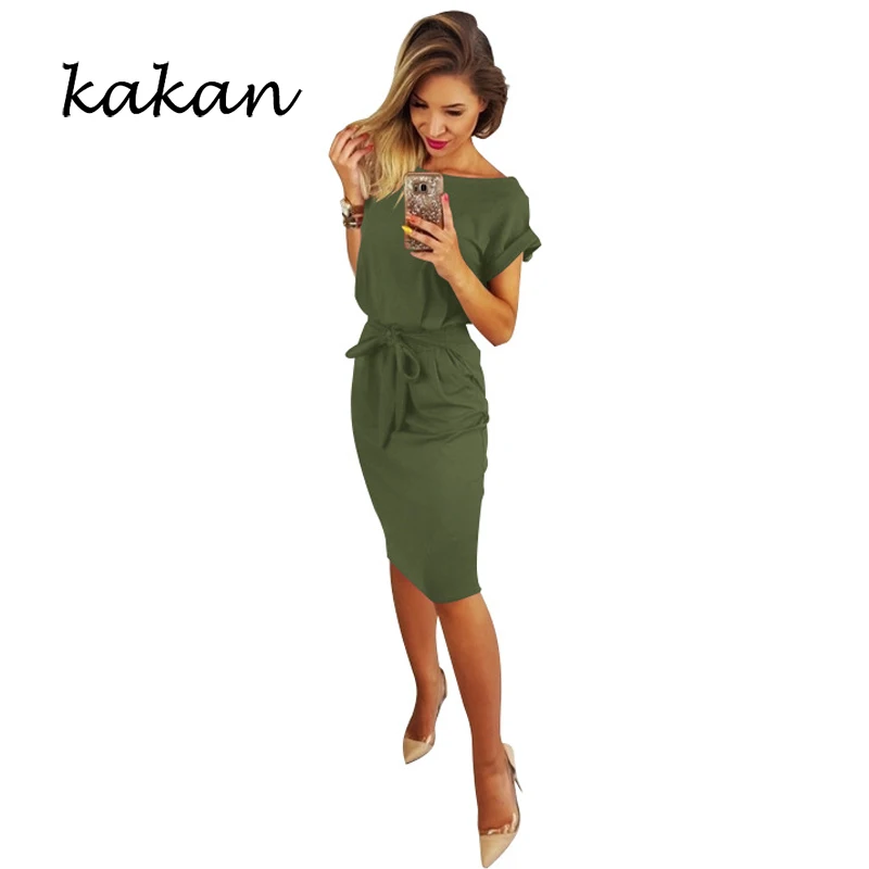 

Kakan Summer New Women's Dress Cotton Comfortable Slim Joker Lady Dress Short Sleeve Bow Dress
