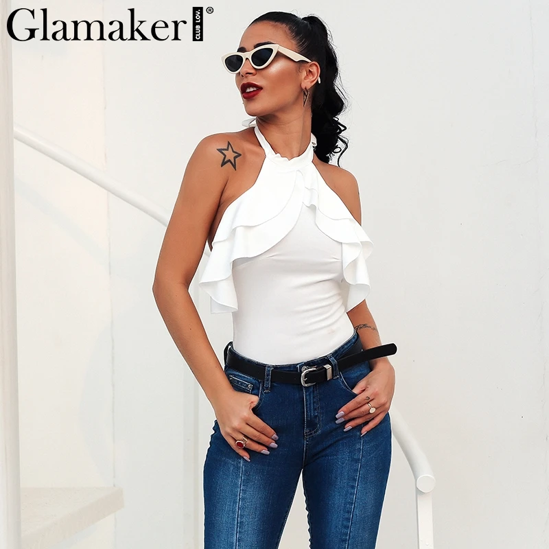 Женское боди с рюшами Glamaker Белое Облегающее открытой спиной и лямкой на шее