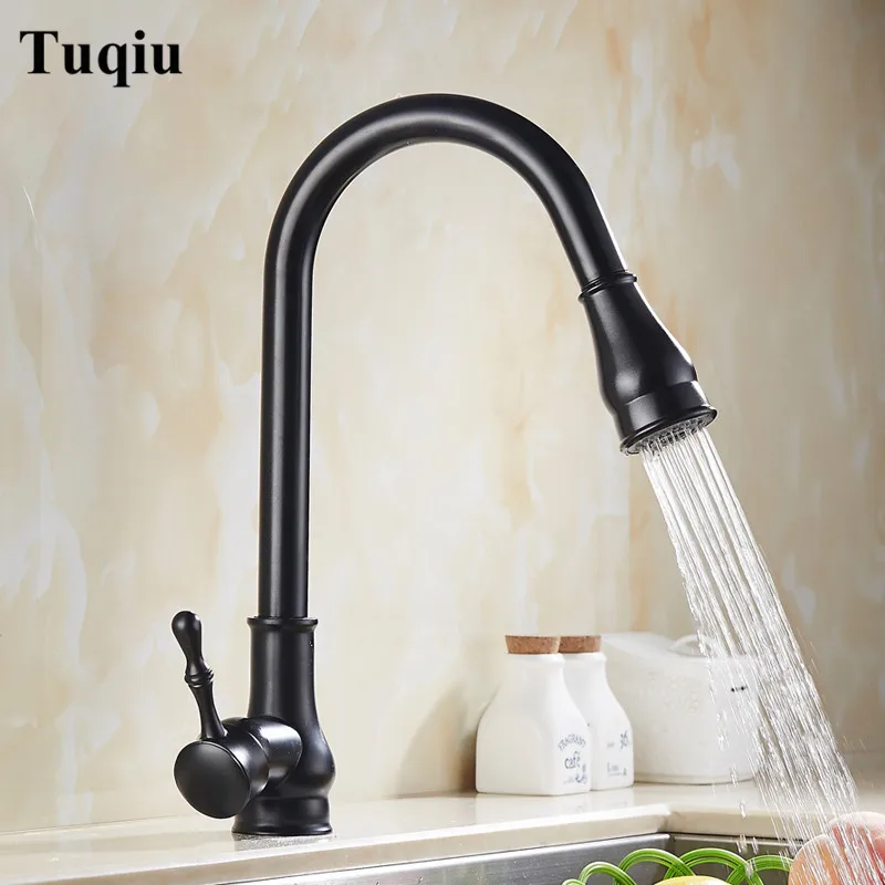 

Kitchen Faucet Brass Black Oil Brushed Kitchen Sink Faucet Pull Out Rotation Spray Mixer Tap Deck Mounted Single Handle Faucet