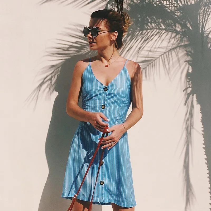 Women's V Neck Summer Spaghetti Strap Striped Polka Dot Floral Printed Button Down Swing Mini Back Bowknot Dress 2018 | Женская