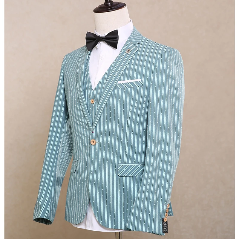 Мужской костюм NA11 Зеленый Смокинг в полоску + брюки жилет 3 шт.|smoking suit|smoke weddingsmoking
