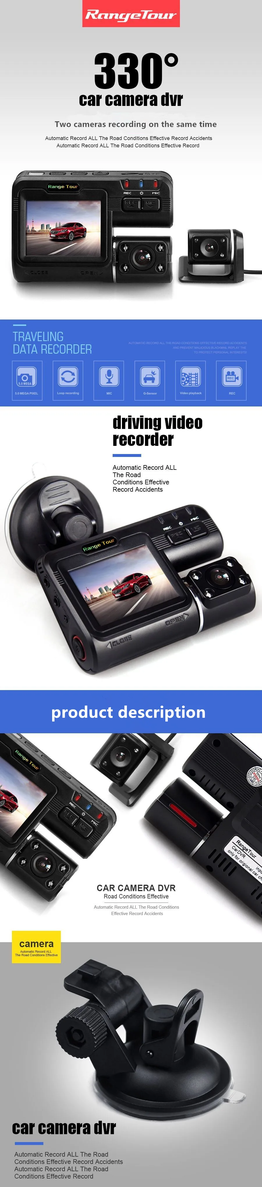 Автомобильный видеорегистратор с двумя объективами I1000S Full HD 1080P 2," lcd Dash Cam+ камера заднего вида+ 8 ИК светодиодный светильник ночного видения H.264