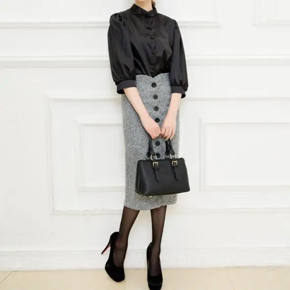 Для женщин Высокая талия по колено Женская юбка-карандаш шерстяные Однобортный