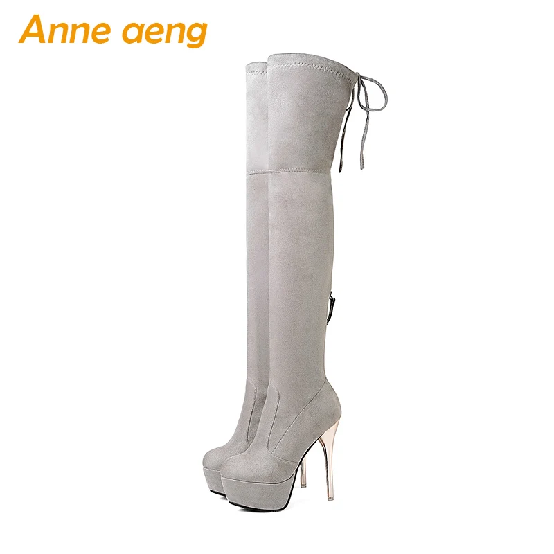 

2019 ladies winter kid suede shoes high thin heels plush lining women over the knee boots platform sexy black boots size 34-43