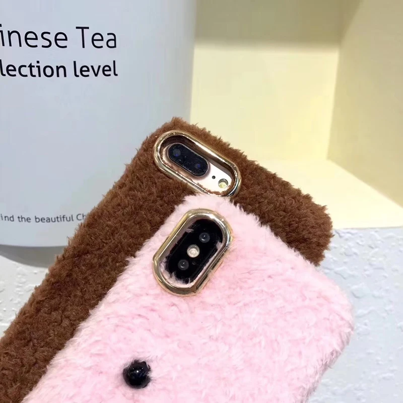 Пушистые меховые силиконовые чехлы для телефонов iPhone X 8 7 6S Plus милый медведь