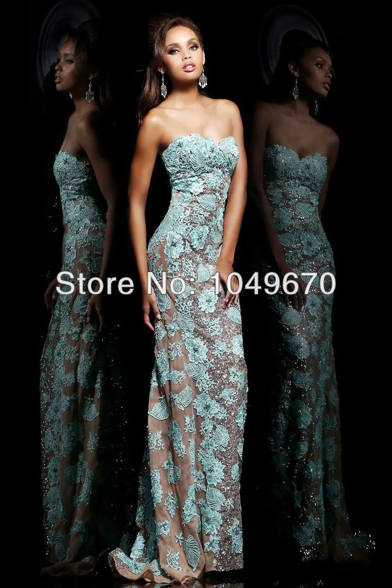2014 New Arrival Light Sky Blue Sweetheart Applique Lace Prom Dresses Sheath Floor Length Dress Pageant Long Evening Gowns N270 | Свадьбы и