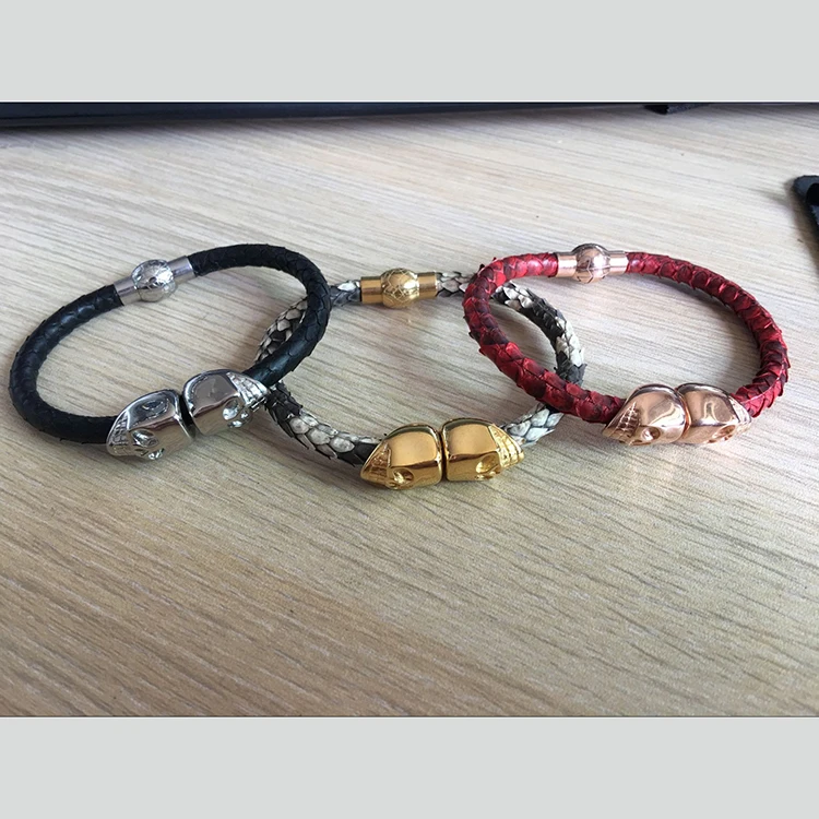 

Индивидуальный браслет из натуральной кожи питона, мужской черный синий кожаный браслет с черепом и застежкой из нержавеющей стали northskull