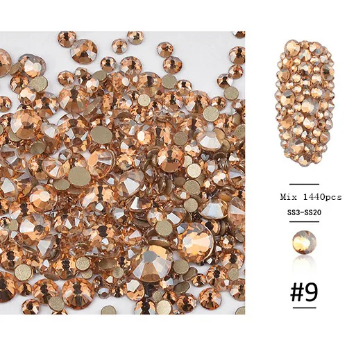 Champagne-1440pcs 31 стиль, плоские круглые стеклянные стразы смешанного размера, набор, Кристальные драгоценные камни из стекла, 1440 шт, Стразы для ногтей, для самостоятельного дизайна ногтей - Цвет: Champagne-1440pcs