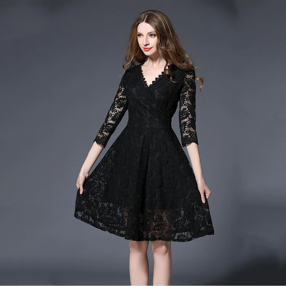 FANTASYONE 2017 Vintage Spring Black Dress Women Robe Rockabilly Feminino Vestidos Hepburn Retro Knee Length Dresses Lace | Женская
