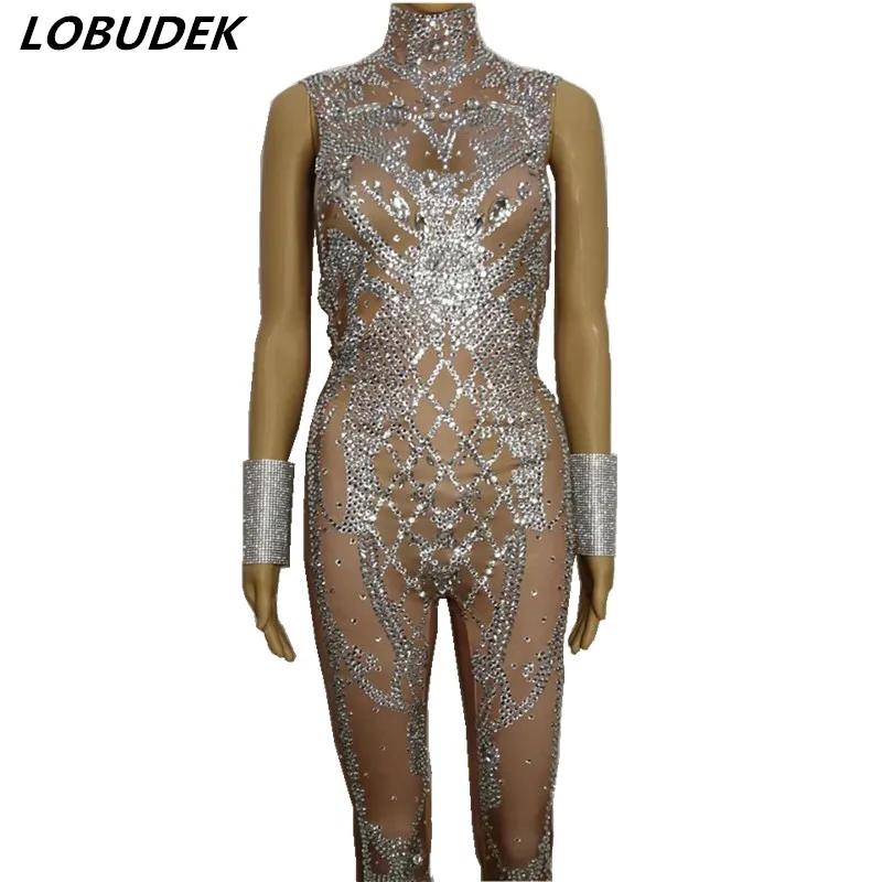 Sexy leotard Rompers female costume Shining stone Crystal jumpsuit  stage wear Sparkling Diamond party performance nightclub