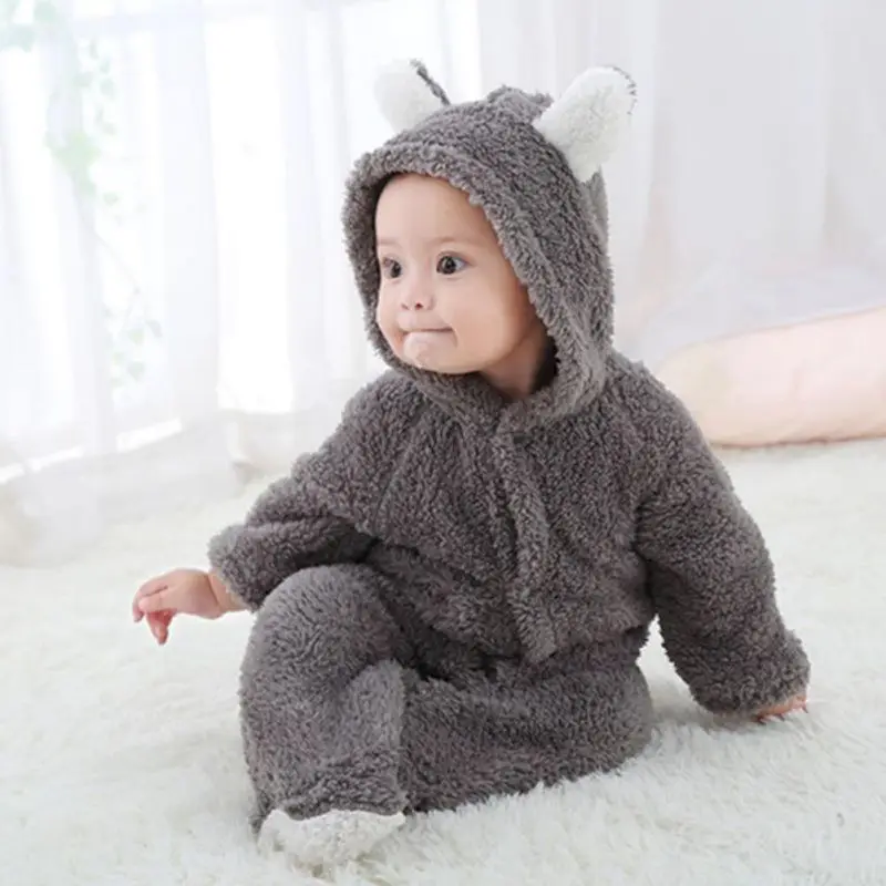 Winter Flannel Baby Boy Cartoon Animal 3D Bear Ear Jumpsuit Warm Newborn Clothes Infant Romper 0-12M |