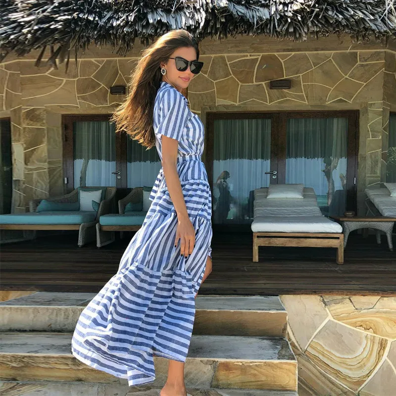 

2019 Women Summer Bohemian Beach Casual Dresses Korean Fashion Striped Maxi Dress Plus Size