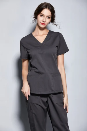 grey New Women's Medical Black Scrubs Ladies' Short Sleeve Scrub Uniforms Set Dental Clinic Fancy Design Surgical Clothes Slim Fit - Цвет: grey