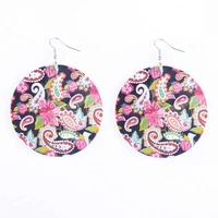 zwpon 2020 new bohemian round natural wood big earrings for women spring geometric printing vintage wooden earrings wholesale