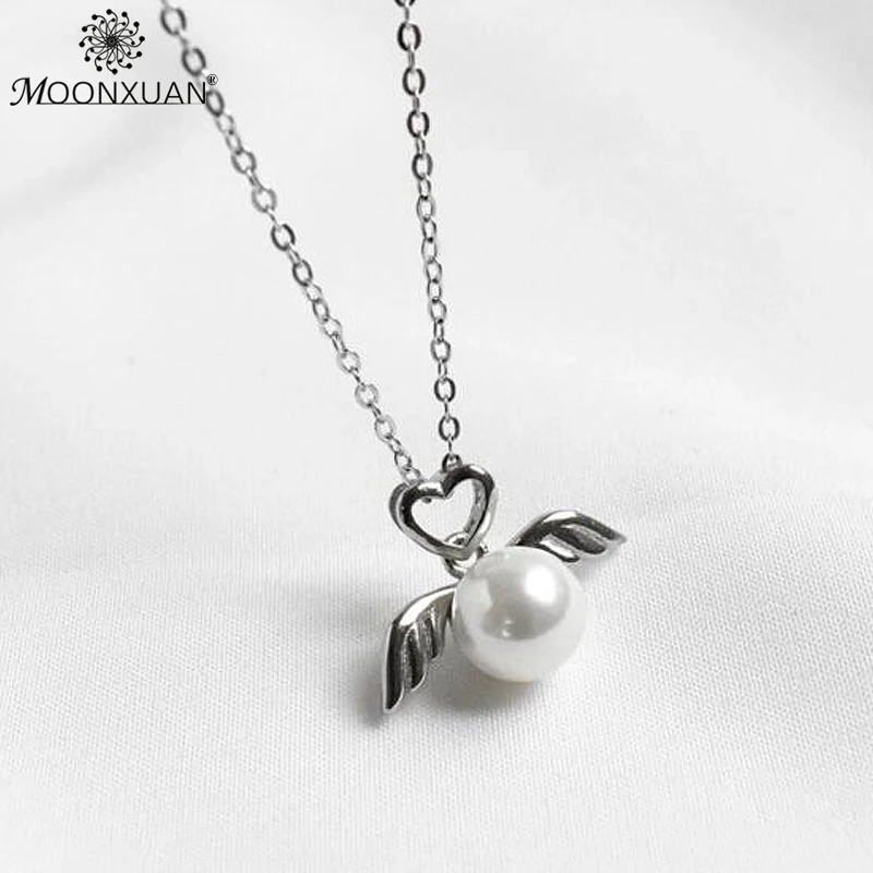 MOONXUAN 925 серебро Fine Jewelry kolye сердце любовь крылья Ангела Ожерелья с жемчужинами и
