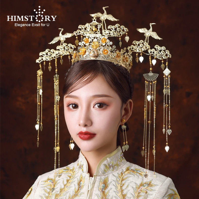 HIMSTORY Classic Ancient Chinese  Hair Accessories Flying Bird Gold Bridal Headdress Phoenix Long Tassel Crown Hair Jewelry